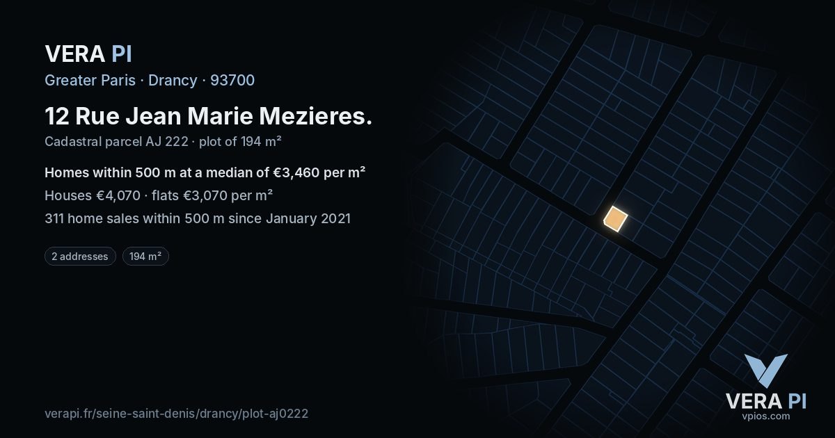 12 Rue Jean Marie Mezieres, Drancy at night – the plot lit, the parcels around coloured by the prices near them