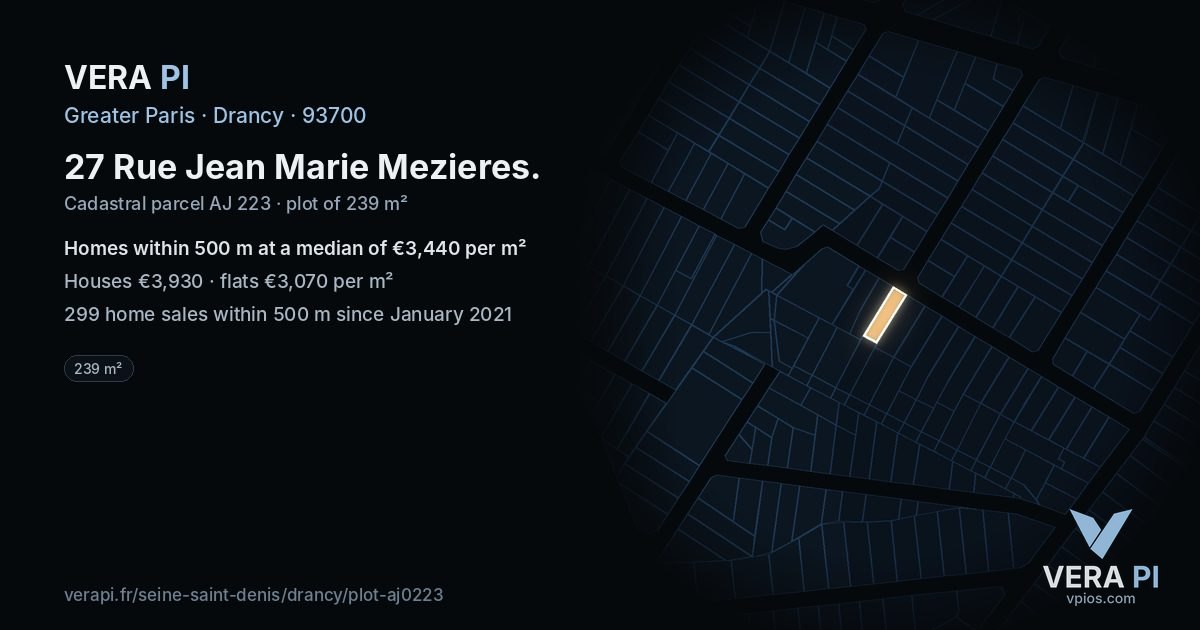 27 Rue Jean Marie Mezieres, Drancy at night – the plot lit, the parcels around coloured by the prices near them
