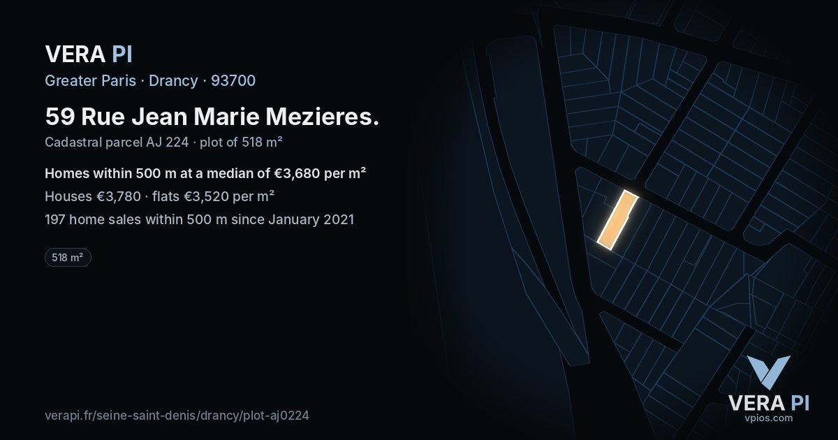 59 Rue Jean Marie Mezieres, Drancy at night – the plot lit, the parcels around coloured by the prices near them
