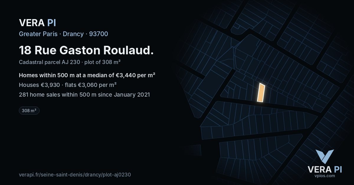 18 Rue Gaston Roulaud, Drancy at night – the plot lit, the parcels around coloured by the prices near them