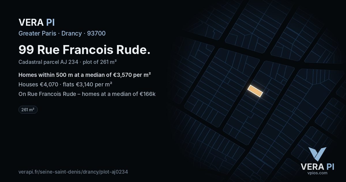 99 Rue Francois Rude, Drancy at night – the plot lit, the parcels around coloured by the prices near them