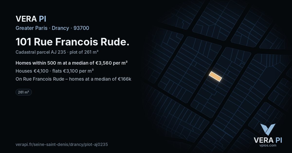 101 Rue Francois Rude, Drancy at night – the plot lit, the parcels around coloured by the prices near them