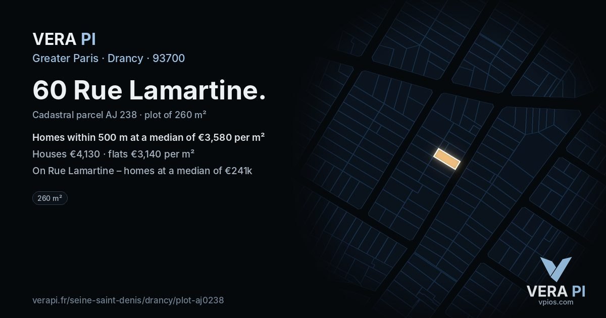 60 Rue Lamartine, Drancy at night – the plot lit, the parcels around coloured by the prices near them