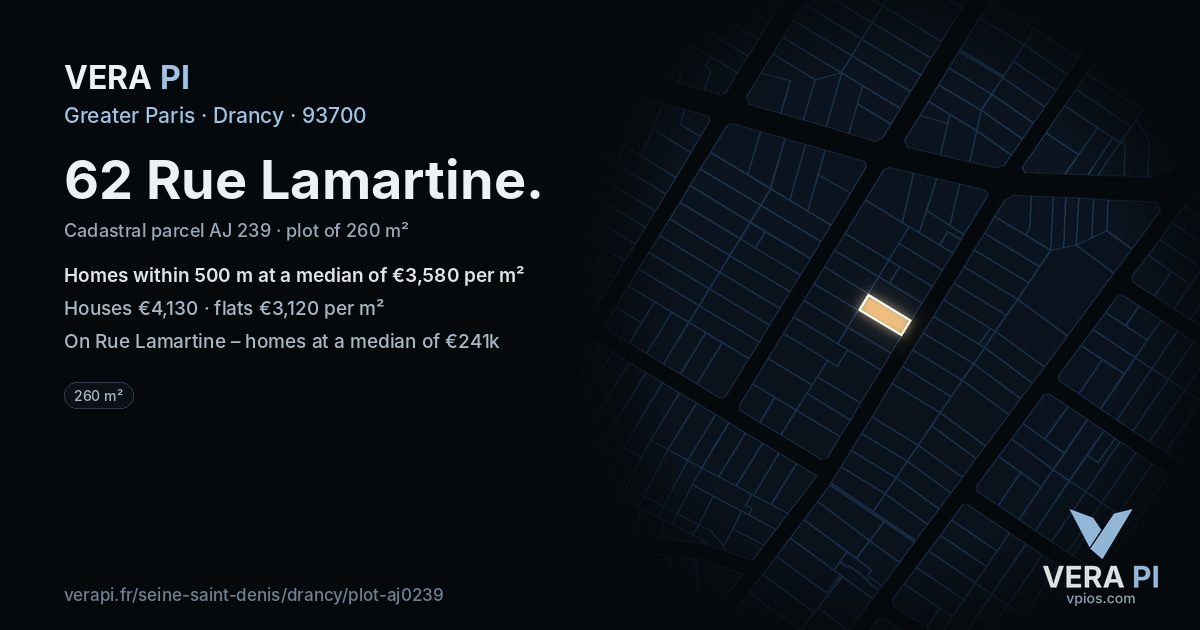 62 Rue Lamartine, Drancy at night – the plot lit, the parcels around coloured by the prices near them