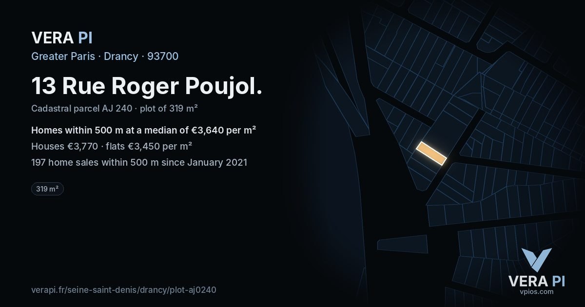 13 Rue Roger Poujol, Drancy at night – the plot lit, the parcels around coloured by the prices near them