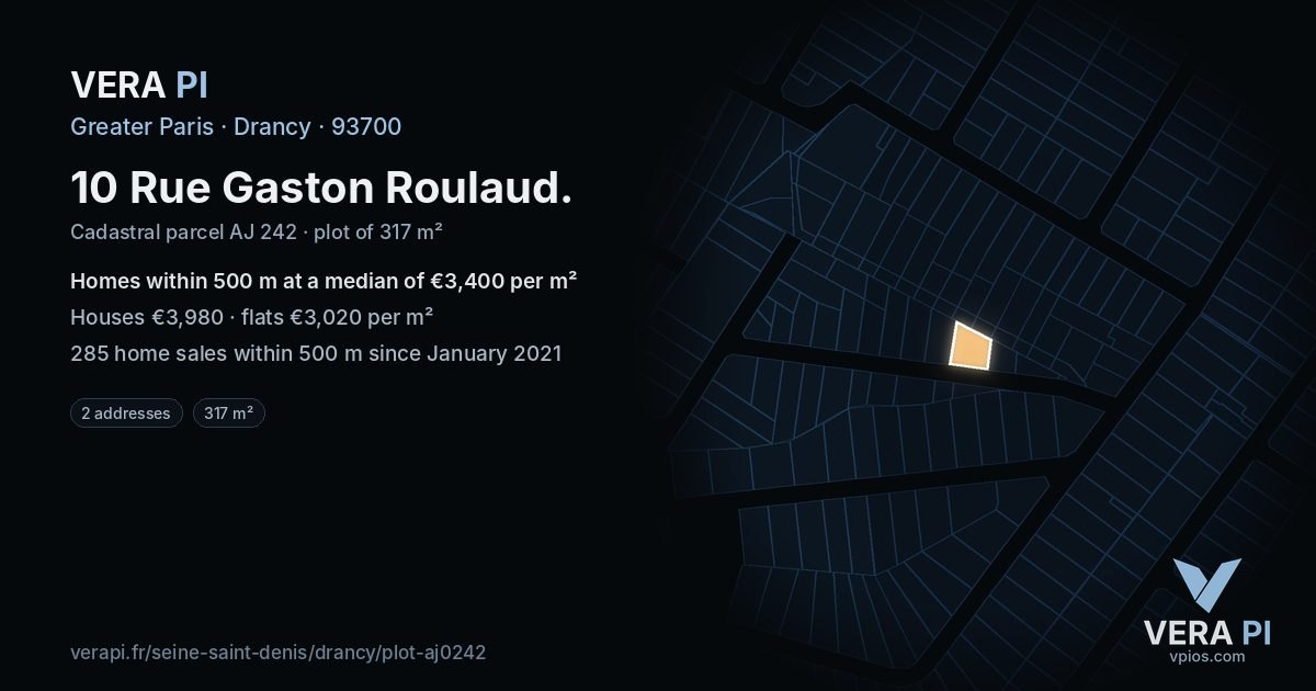 10 Rue Gaston Roulaud, Drancy at night – the plot lit, the parcels around coloured by the prices near them