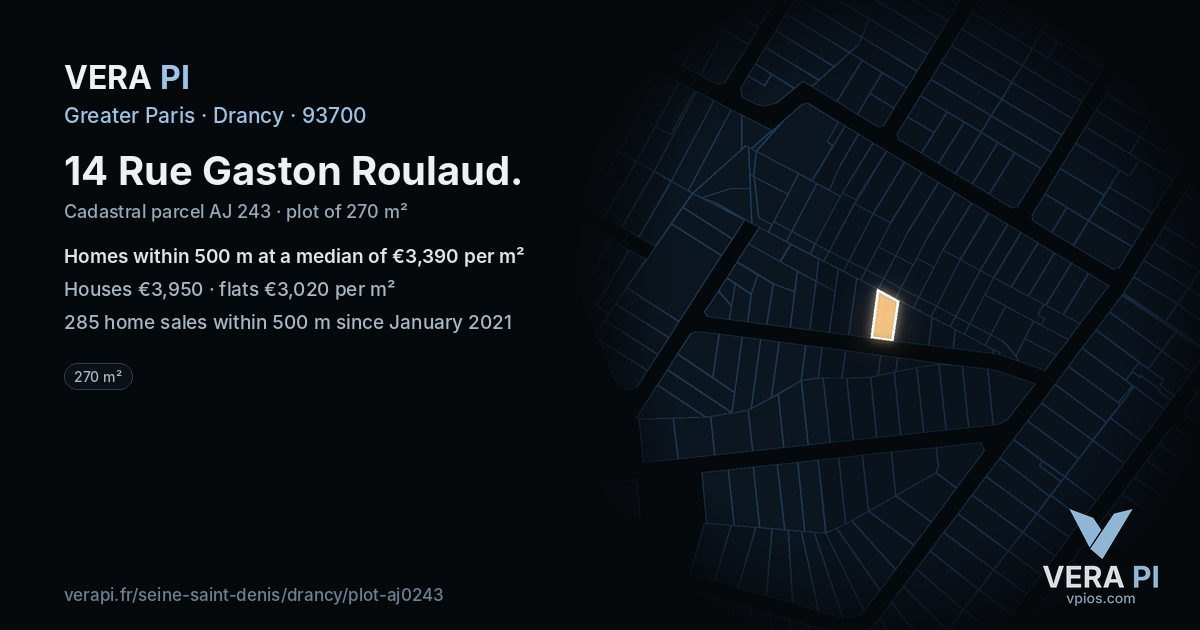 14 Rue Gaston Roulaud, Drancy at night – the plot lit, the parcels around coloured by the prices near them