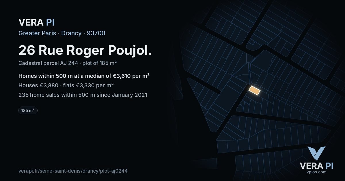 26 Rue Roger Poujol, Drancy at night – the plot lit, the parcels around coloured by the prices near them