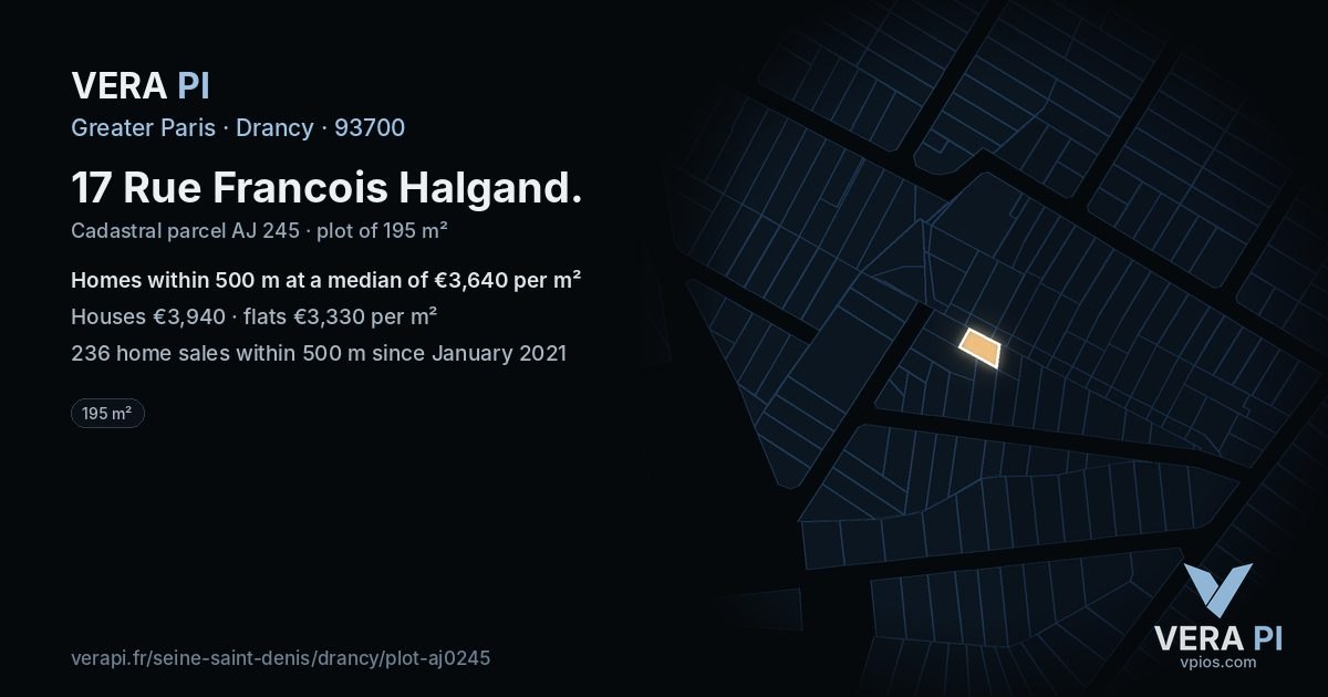 17 Rue Francois Halgand, Drancy at night – the plot lit, the parcels around coloured by the prices near them