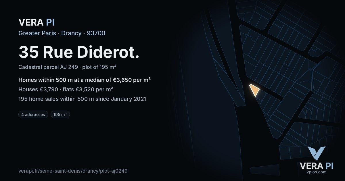 35 Rue Diderot, Drancy at night – the plot lit, the parcels around coloured by the prices near them
