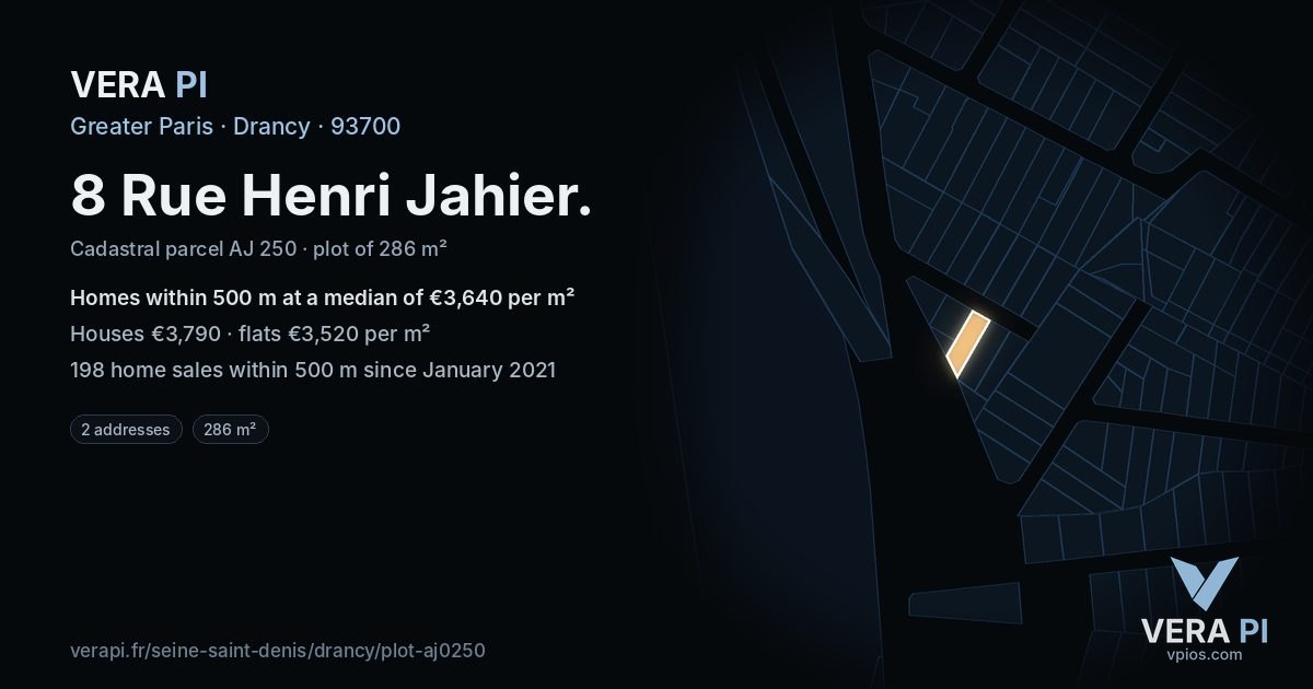 8 Rue Henri Jahier, Drancy at night – the plot lit, the parcels around coloured by the prices near them