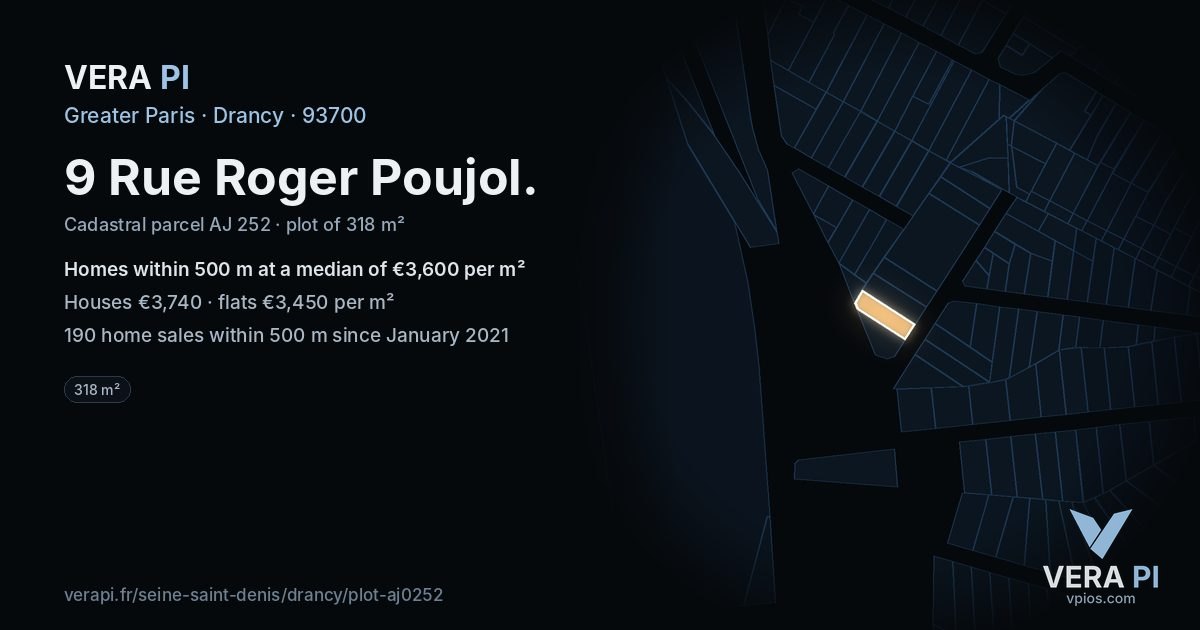 9 Rue Roger Poujol, Drancy at night – the plot lit, the parcels around coloured by the prices near them