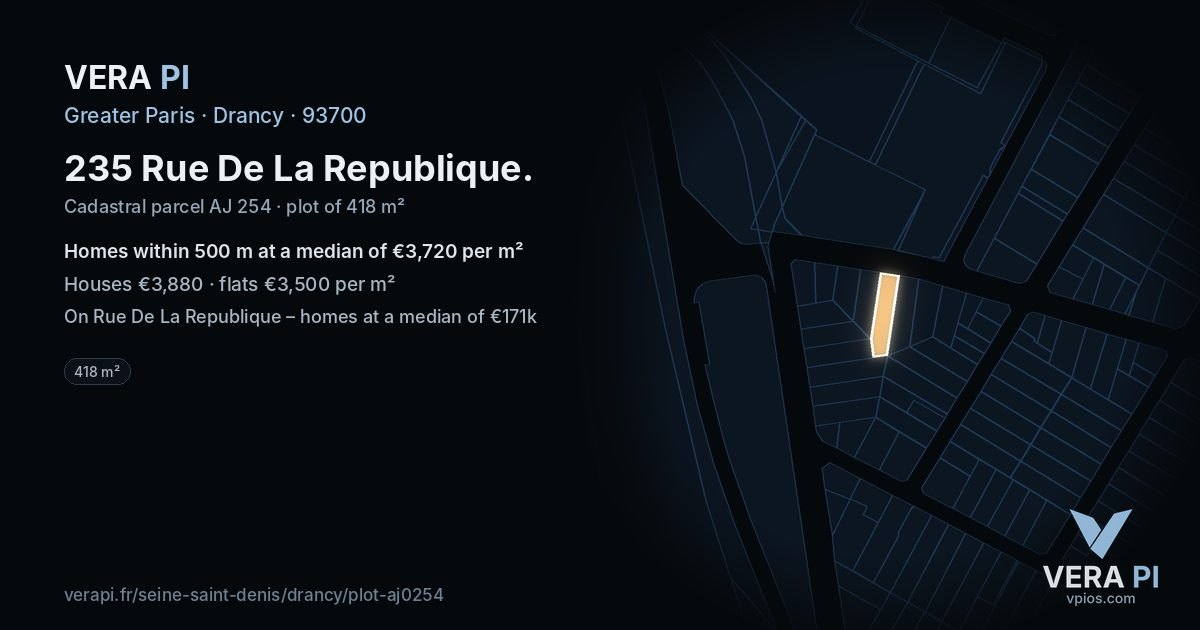 235 Rue De La Republique, Drancy at night – the plot lit, the parcels around coloured by the prices near them