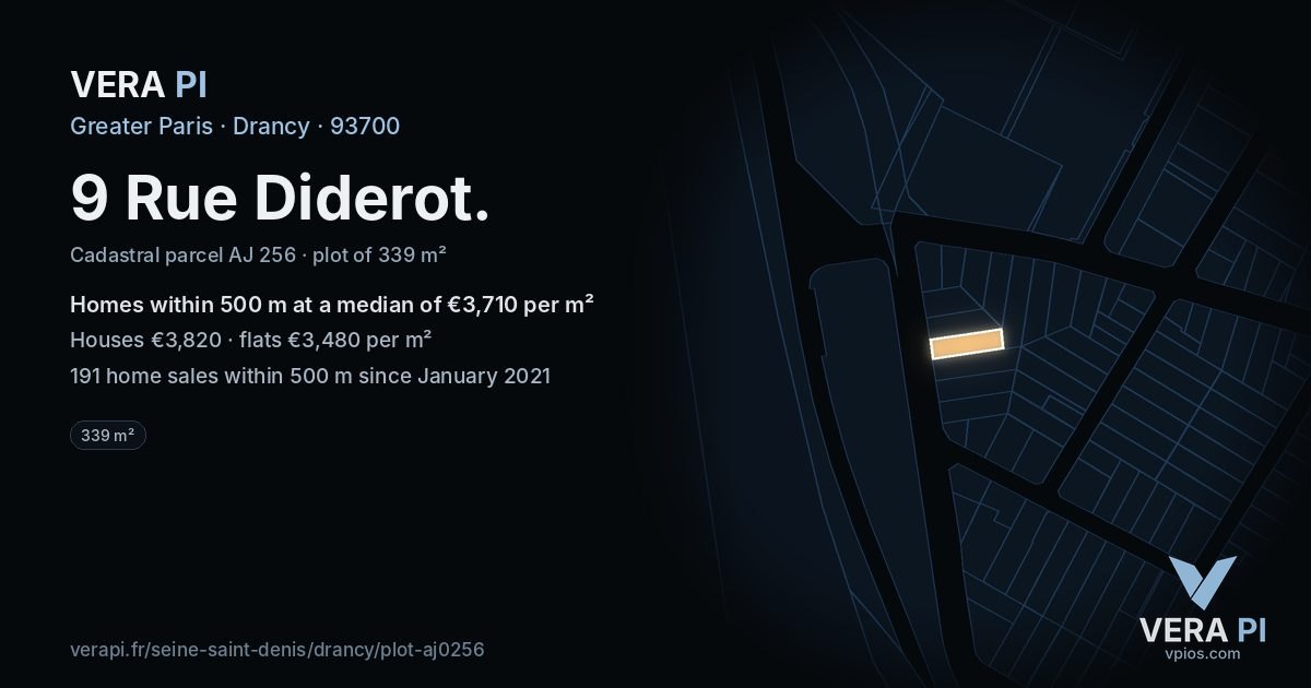 9 Rue Diderot, Drancy at night – the plot lit, the parcels around coloured by the prices near them