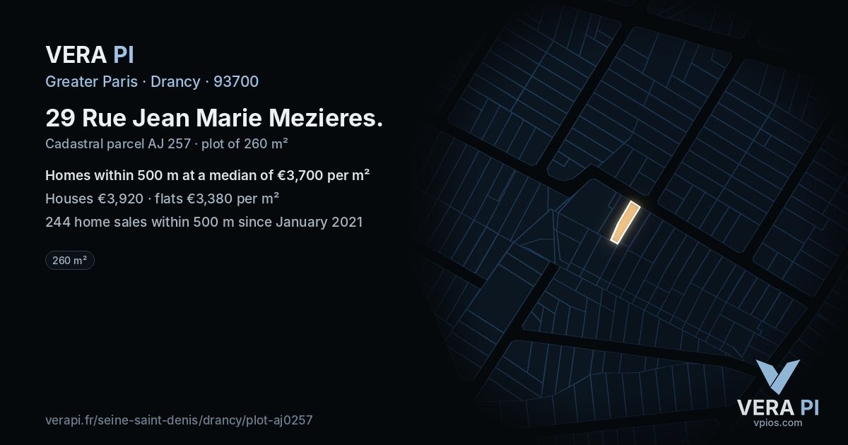 29 Rue Jean Marie Mezieres, Drancy at night – the plot lit, the parcels around coloured by the prices near them