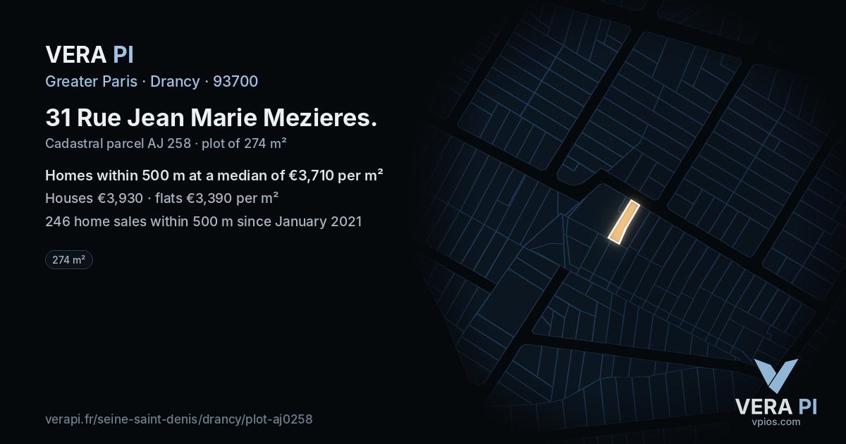 31 Rue Jean Marie Mezieres, Drancy at night – the plot lit, the parcels around coloured by the prices near them