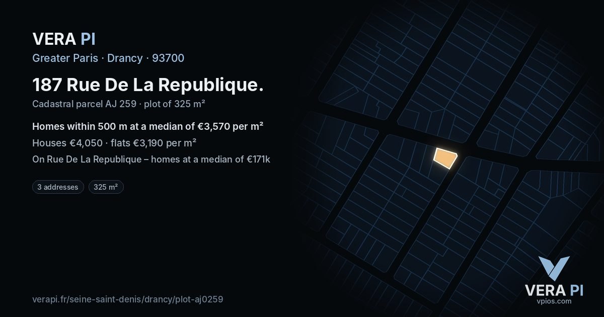 187 Rue De La Republique, Drancy at night – the plot lit, the parcels around coloured by the prices near them