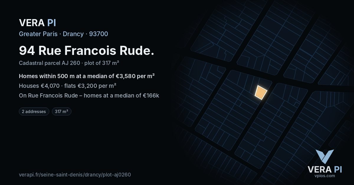 94 Rue Francois Rude, Drancy at night – the plot lit, the parcels around coloured by the prices near them