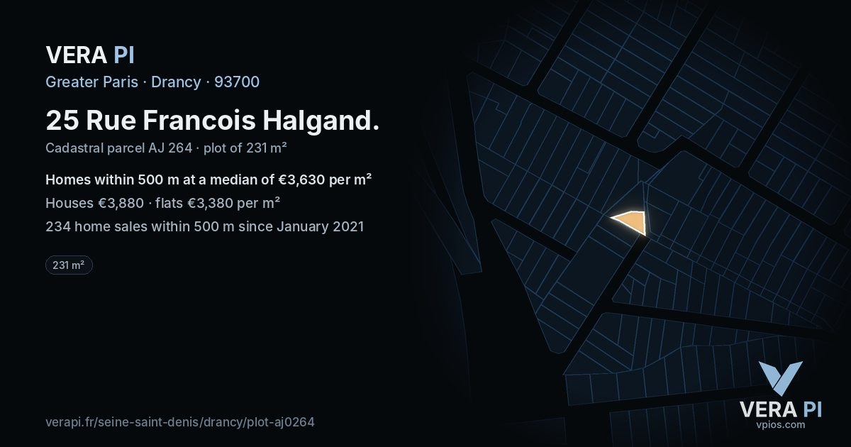 25 Rue Francois Halgand, Drancy at night – the plot lit, the parcels around coloured by the prices near them