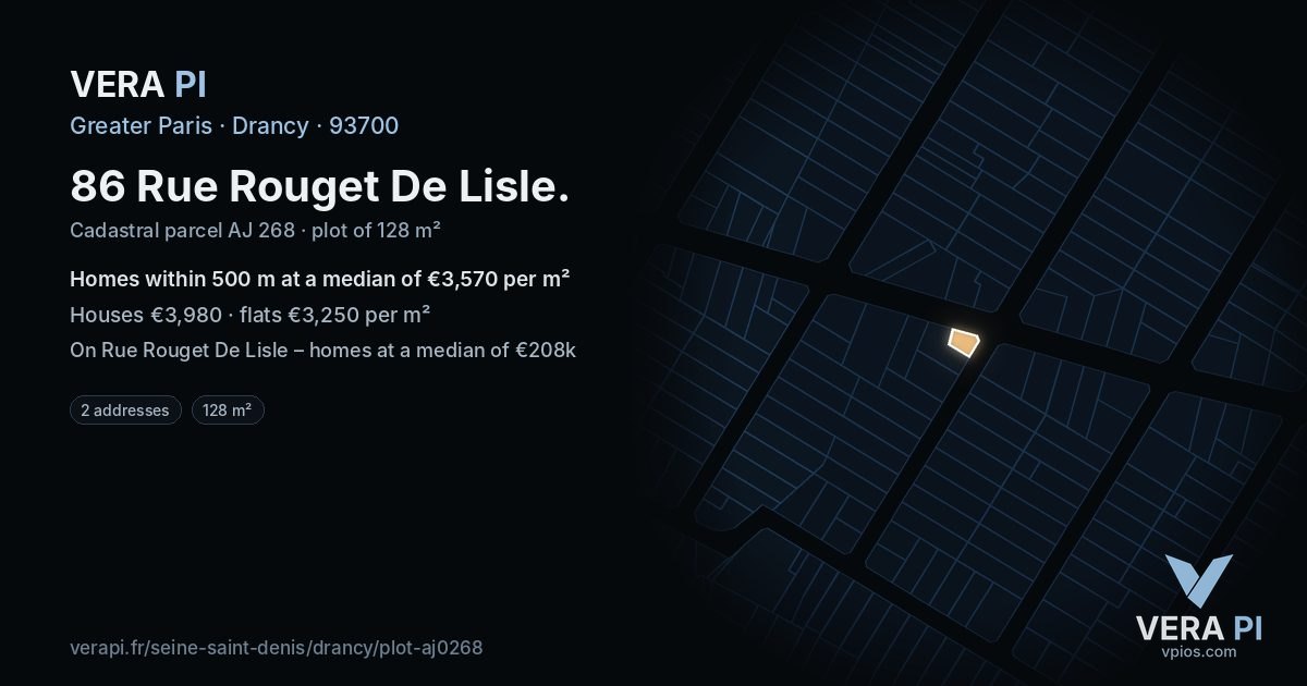 86 Rue Rouget De Lisle, Drancy at night – the plot lit, the parcels around coloured by the prices near them