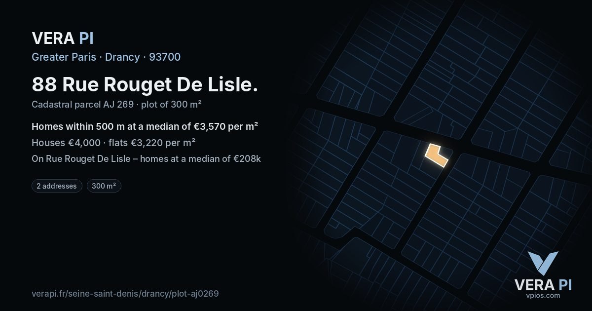 88 Rue Rouget De Lisle, Drancy at night – the plot lit, the parcels around coloured by the prices near them