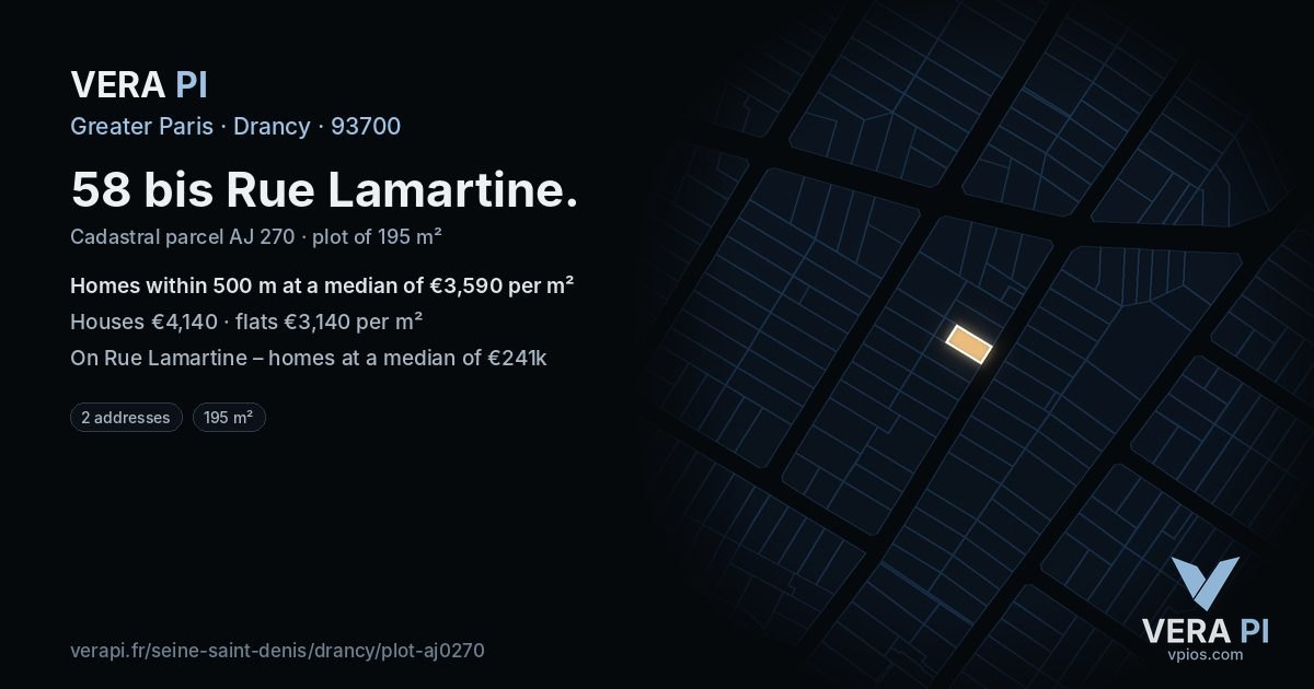 58 bis Rue Lamartine, Drancy at night – the plot lit, the parcels around coloured by the prices near them