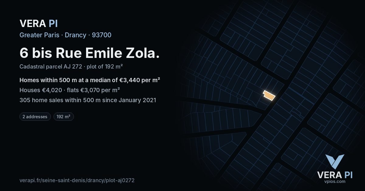 6 bis Rue Emile Zola, Drancy at night – the plot lit, the parcels around coloured by the prices near them