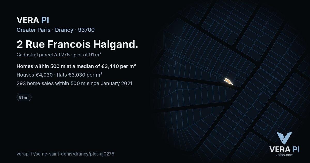 2 Rue Francois Halgand, Drancy at night – the plot lit, the parcels around coloured by the prices near them