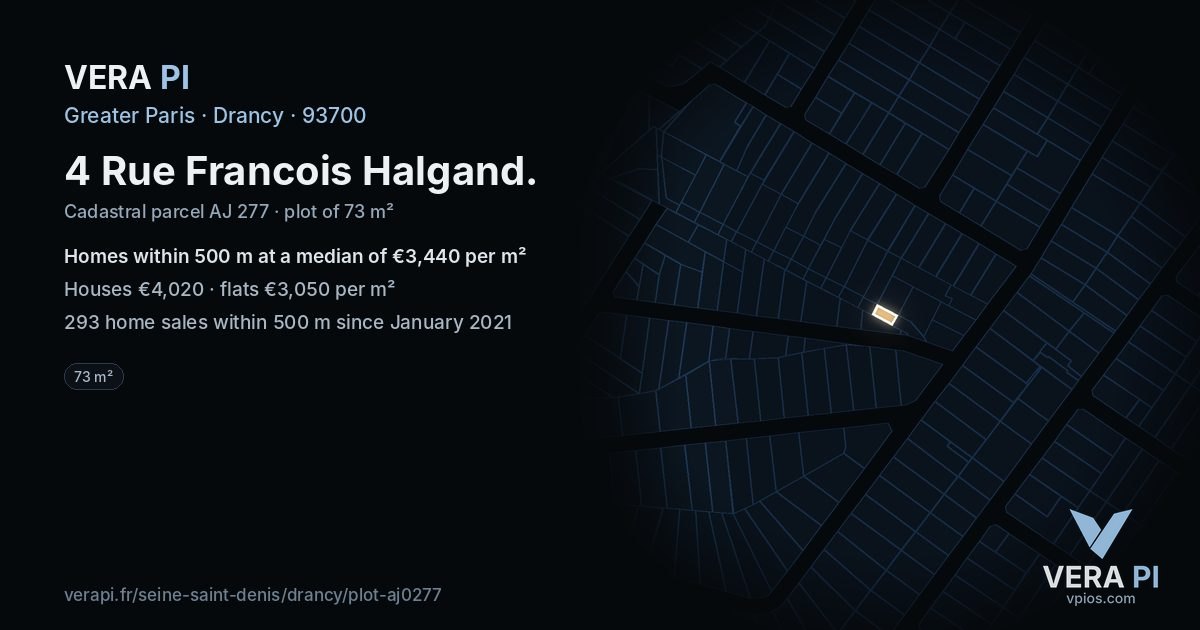 4 Rue Francois Halgand, Drancy at night – the plot lit, the parcels around coloured by the prices near them