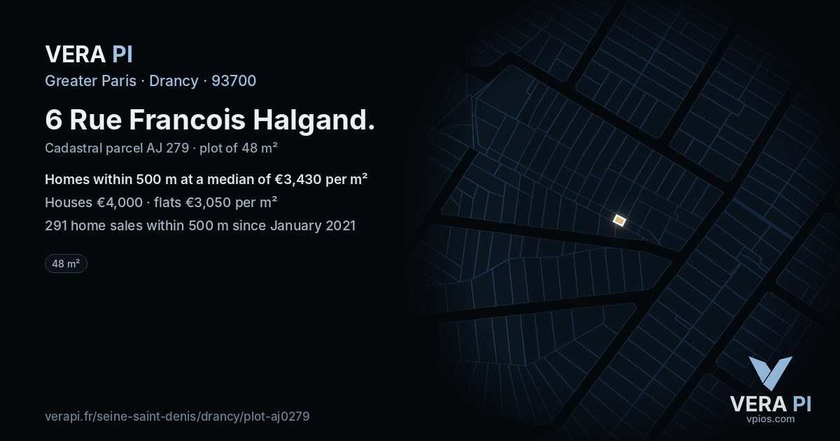 6 Rue Francois Halgand, Drancy at night – the plot lit, the parcels around coloured by the prices near them