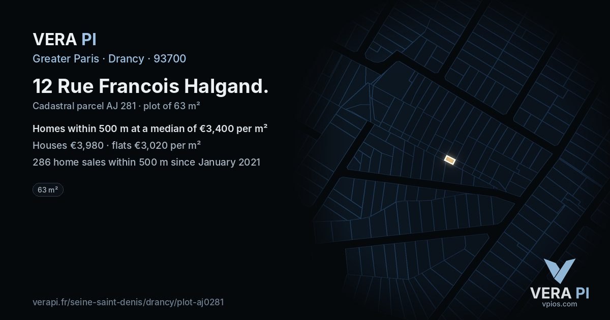 12 Rue Francois Halgand, Drancy at night – the plot lit, the parcels around coloured by the prices near them