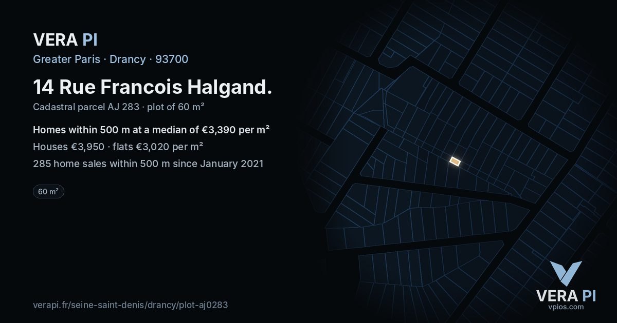 14 Rue Francois Halgand, Drancy at night – the plot lit, the parcels around coloured by the prices near them