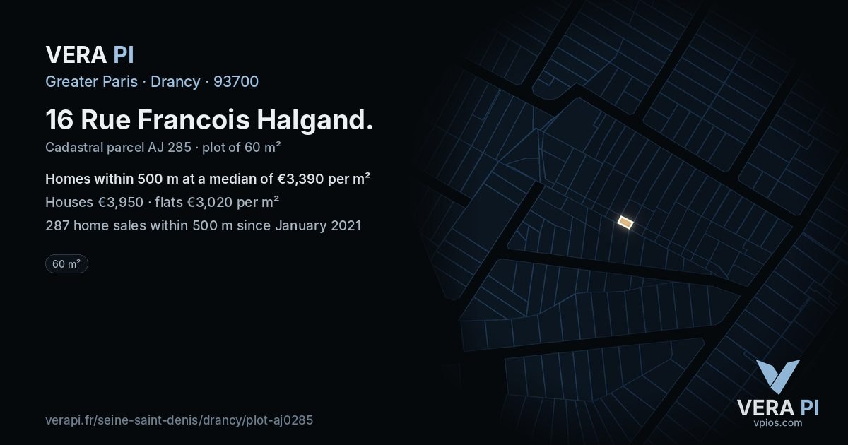 16 Rue Francois Halgand, Drancy at night – the plot lit, the parcels around coloured by the prices near them