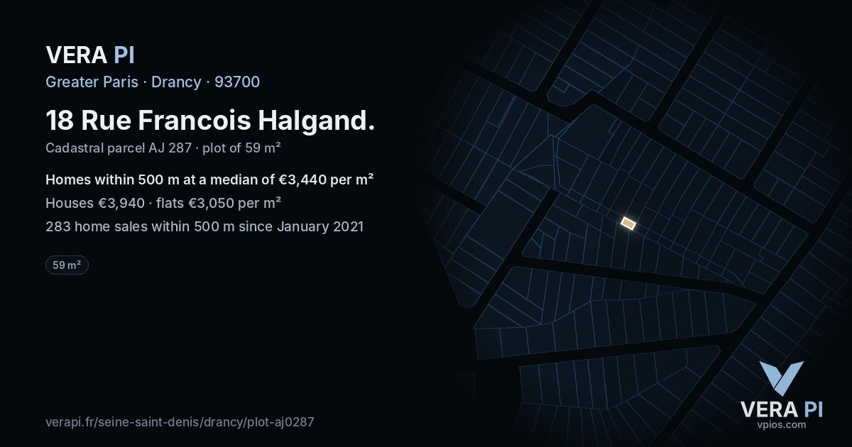 18 Rue Francois Halgand, Drancy at night – the plot lit, the parcels around coloured by the prices near them