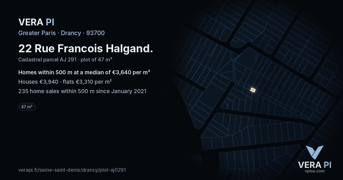 22 Rue Francois Halgand, Drancy at night – the plot lit, the parcels around coloured by the prices near them