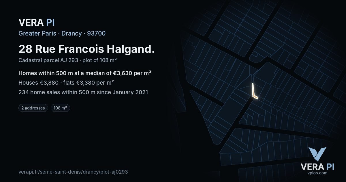 28 Rue Francois Halgand, Drancy at night – the plot lit, the parcels around coloured by the prices near them