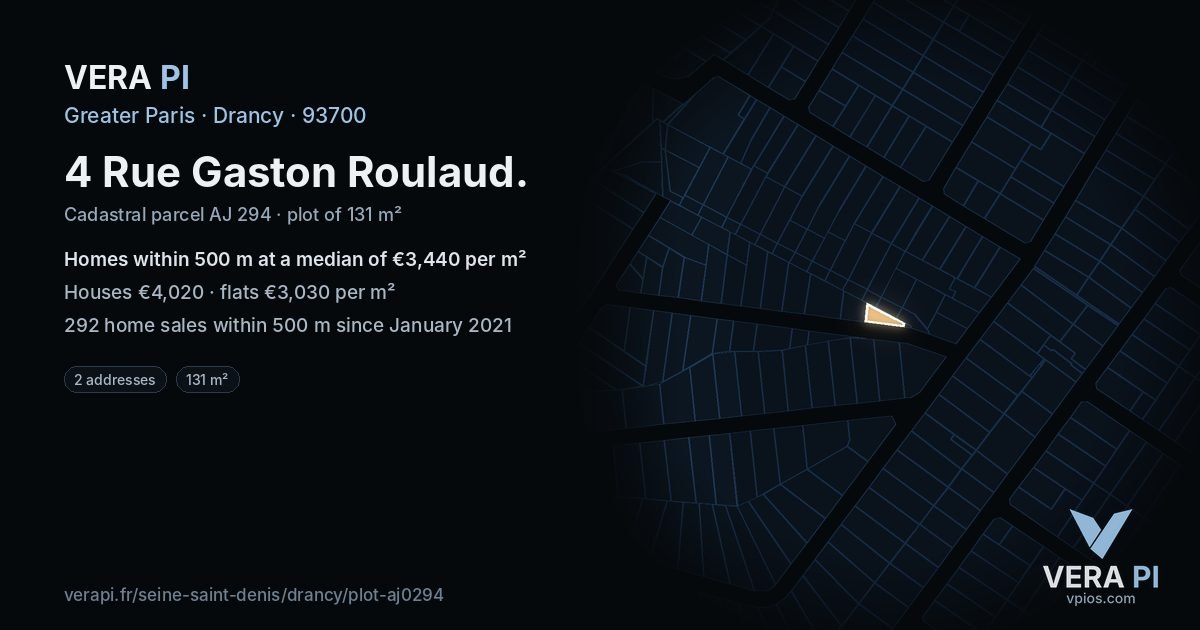 4 Rue Gaston Roulaud, Drancy at night – the plot lit, the parcels around coloured by the prices near them