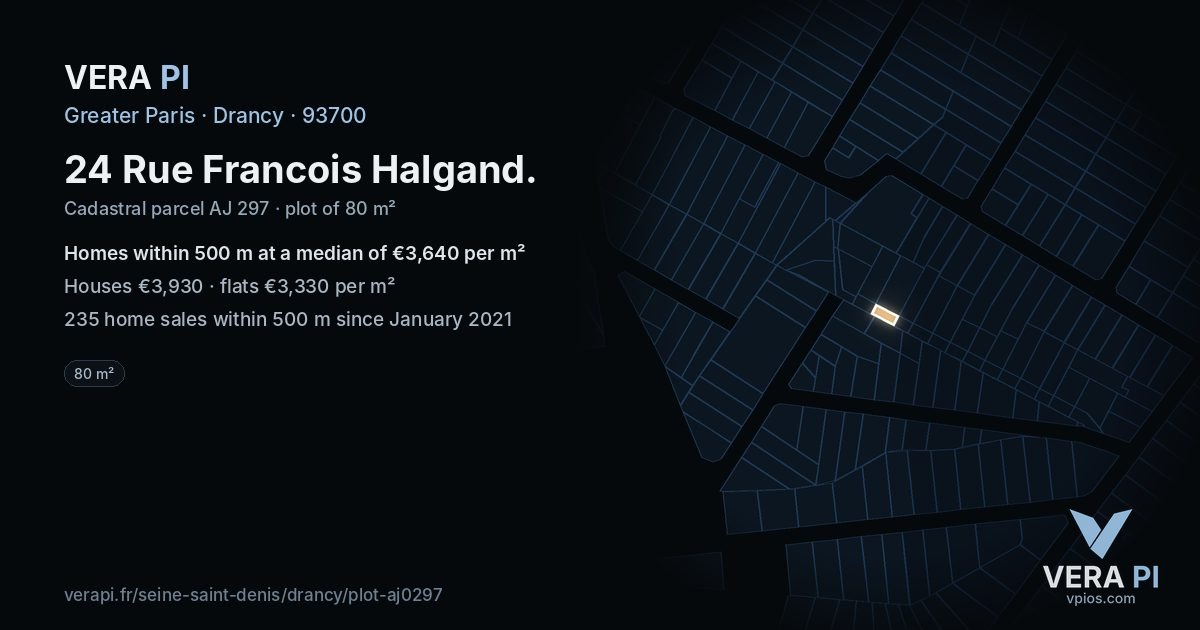 24 Rue Francois Halgand, Drancy at night – the plot lit, the parcels around coloured by the prices near them