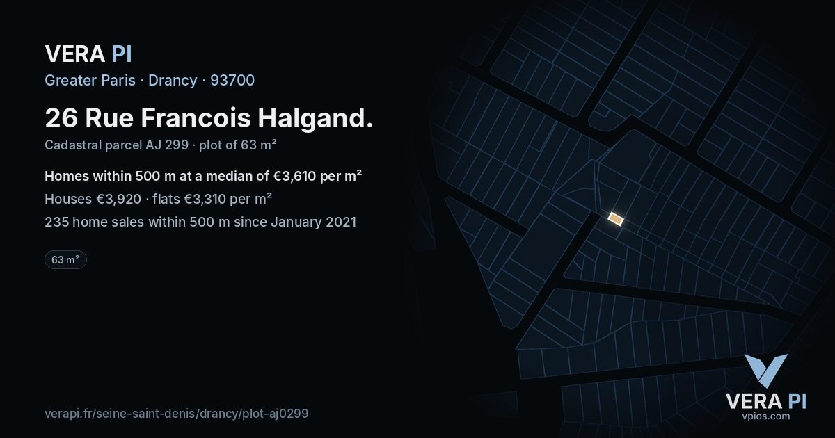 26 Rue Francois Halgand, Drancy at night – the plot lit, the parcels around coloured by the prices near them