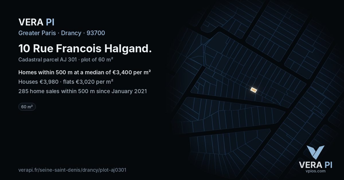 10 Rue Francois Halgand, Drancy at night – the plot lit, the parcels around coloured by the prices near them