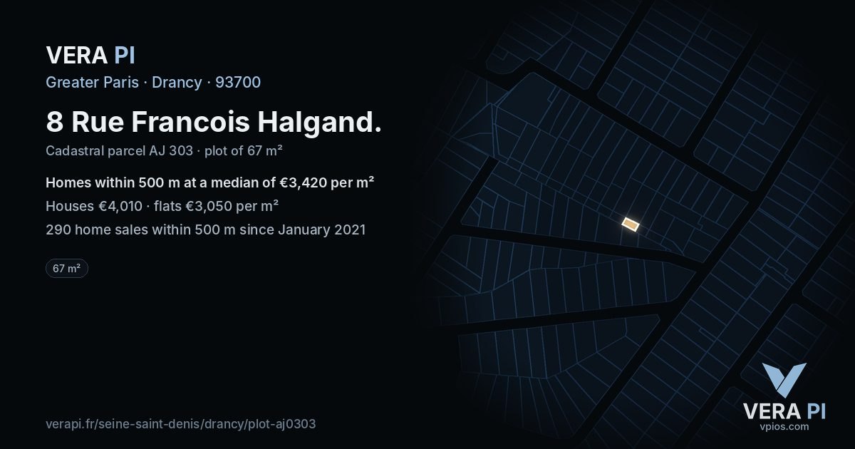 8 Rue Francois Halgand, Drancy at night – the plot lit, the parcels around coloured by the prices near them