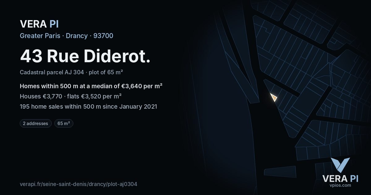 43 Rue Diderot, Drancy at night – the plot lit, the parcels around coloured by the prices near them