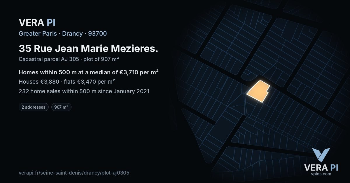 35 Rue Jean Marie Mezieres, Drancy at night – the plot lit, the parcels around coloured by the prices near them