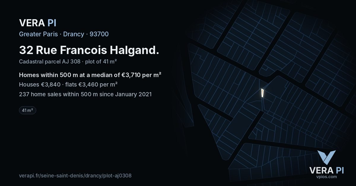 32 Rue Francois Halgand, Drancy at night – the plot lit, the parcels around coloured by the prices near them