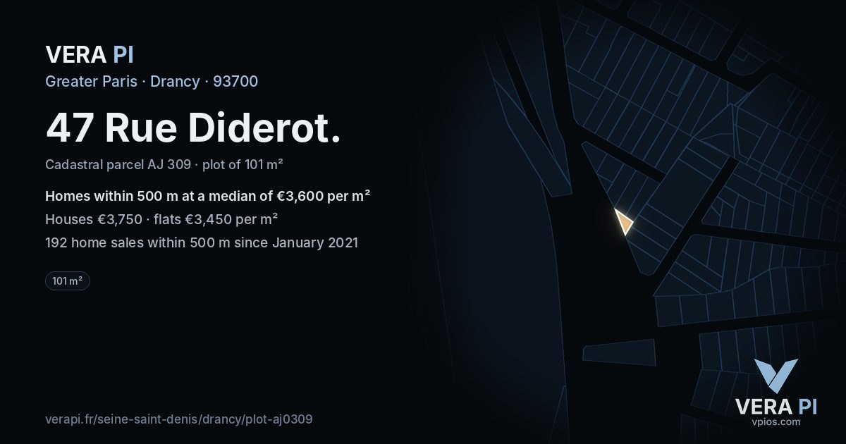 47 Rue Diderot, Drancy at night – the plot lit, the parcels around coloured by the prices near them