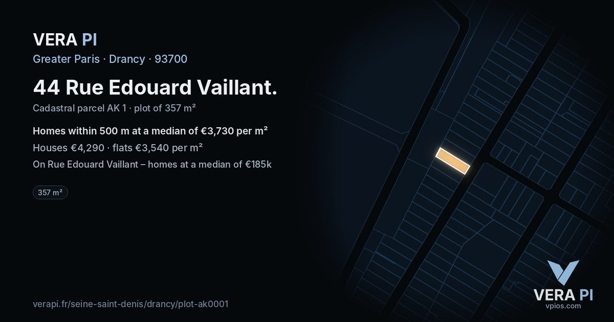 44 Rue Edouard Vaillant, Drancy at night – the plot lit, the parcels around coloured by the prices near them