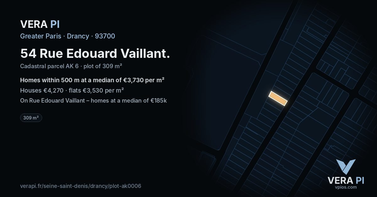 54 Rue Edouard Vaillant, Drancy at night – the plot lit, the parcels around coloured by the prices near them