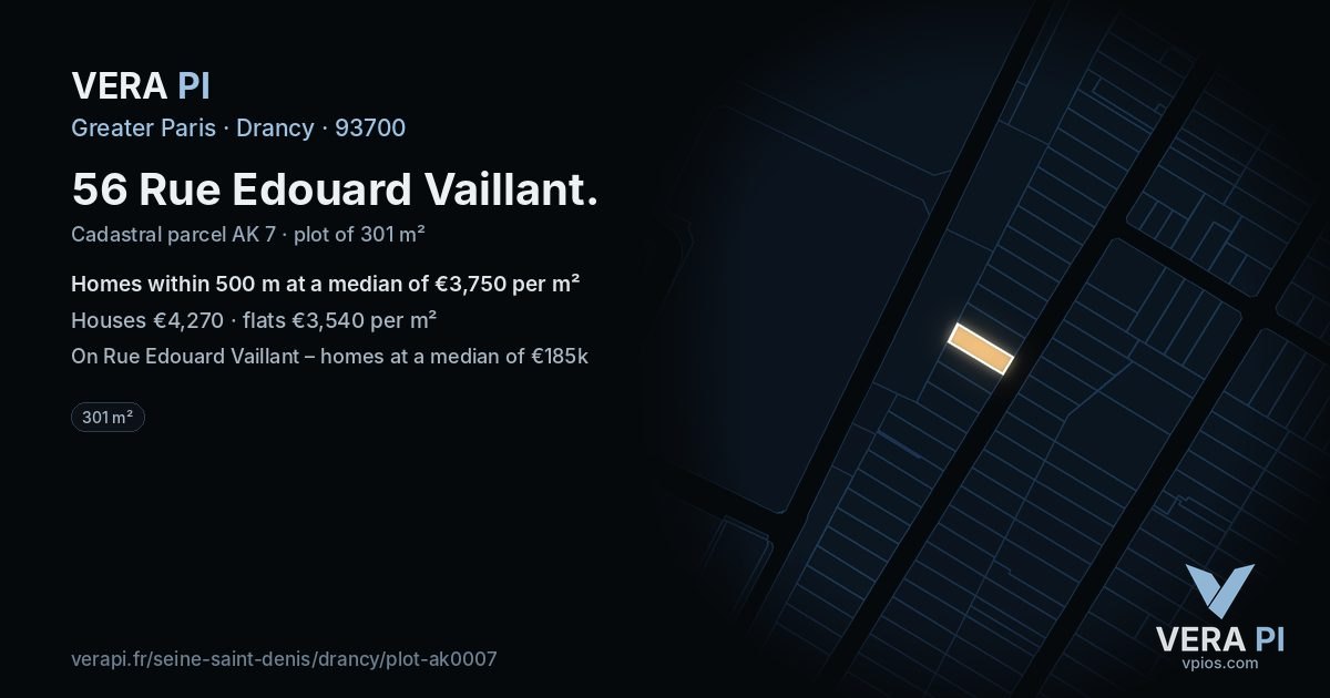 56 Rue Edouard Vaillant, Drancy at night – the plot lit, the parcels around coloured by the prices near them