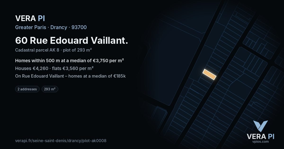 60 Rue Edouard Vaillant, Drancy at night – the plot lit, the parcels around coloured by the prices near them