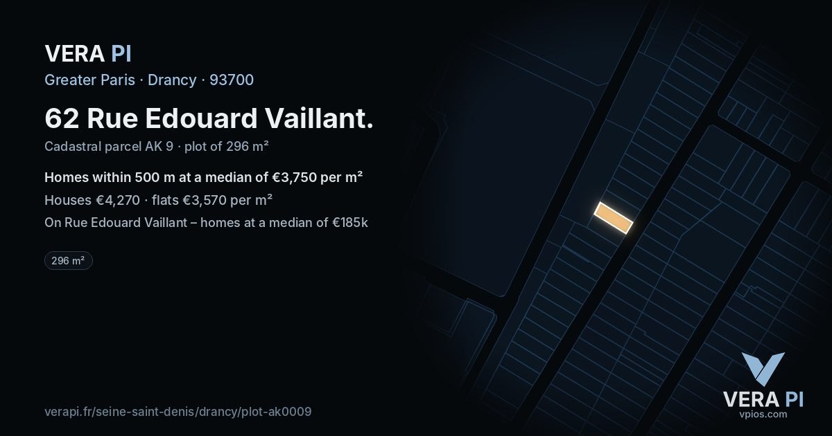 62 Rue Edouard Vaillant, Drancy at night – the plot lit, the parcels around coloured by the prices near them